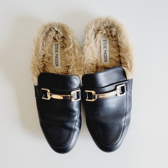 Steve Madden Shoes - Steve Madden Khloe Black Leather Fur Mule Flat Slip-On Sz 8.5